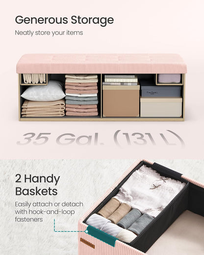 MAZIE Collection - Storage Ottoman Bench, Foldable Foot Rest, 15 X 43 X 15 Inches, End of Bed Bench, Storage Chest, Load 660 Lb, Living Room, Bedroom, Entryway, Jelly Pink ULSF604R01