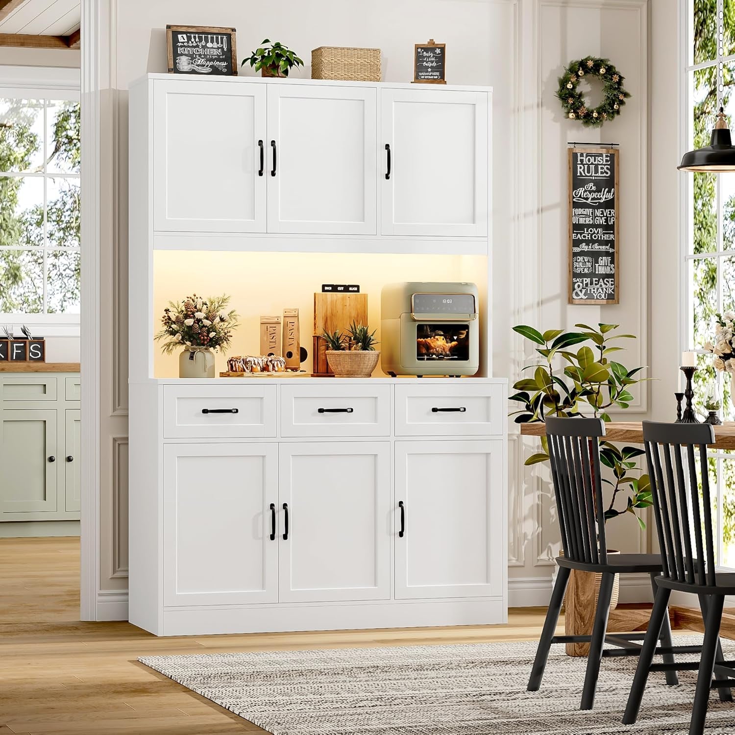 72" Tall Kitchen Pantry Cabinet with Charging Station | LED Lights, 47" W Kitchen Pantry Storage Cabinet with Countertop, Modern Kitchens Hutch Cabinets with Storage for Dining Room, White