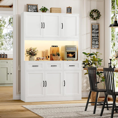 72" Tall Kitchen Pantry Cabinet with Charging Station | LED Lights, 47" W Kitchen Pantry Storage Cabinet with Countertop, Modern Kitchens Hutch Cabinets with Storage for Dining Room, White