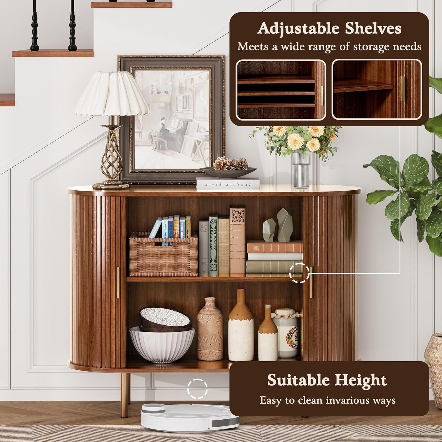Sideboard Buffet Cabinet with Storage,Mid Century Modern Fluted Accent Coffee Bar Console Table,Tambour Sliding Doors& Adjustable Shelf for Kitchen, Living Room, Entryway(Walnut, 40Inch)