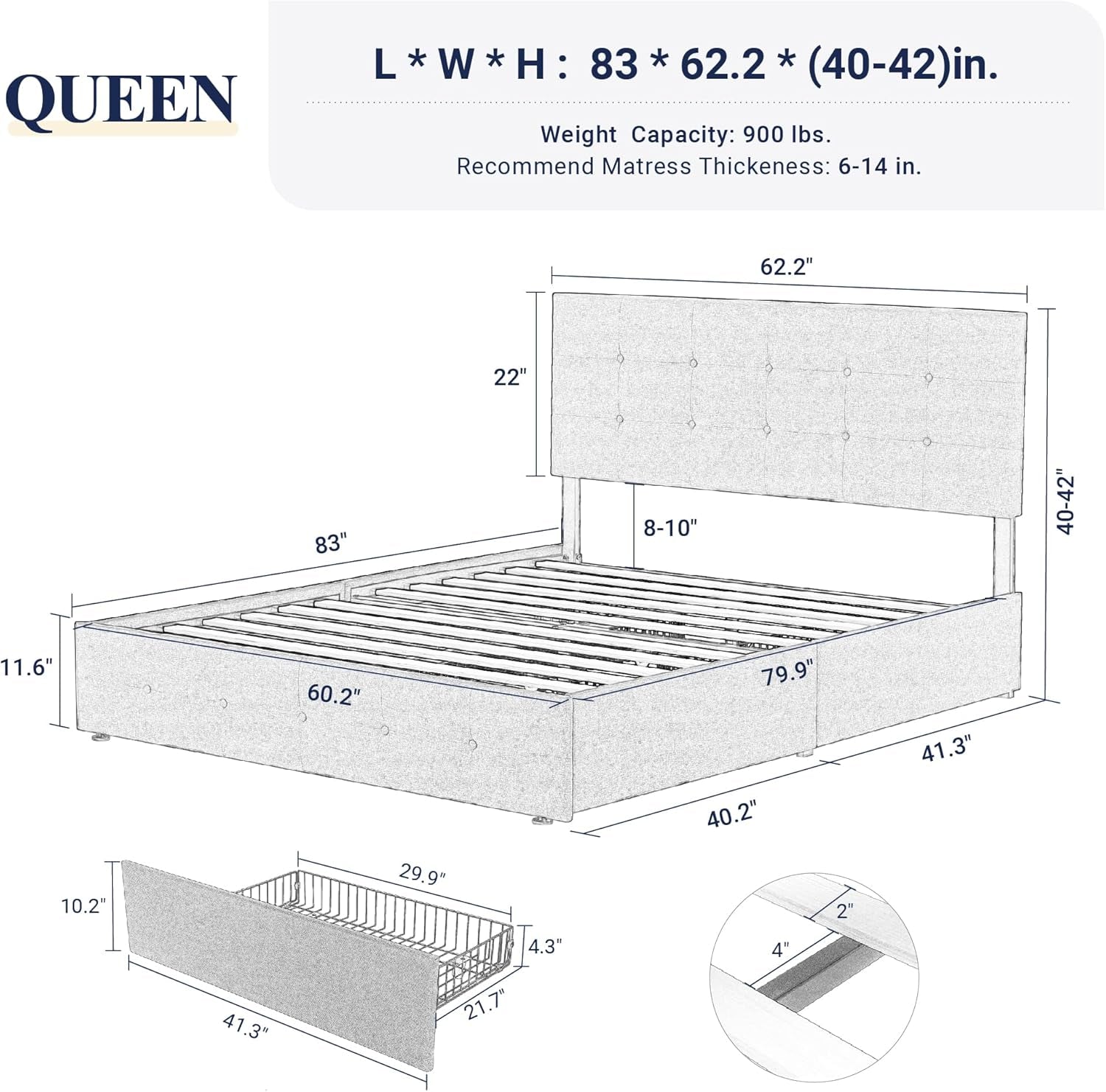 Upholstered Queen Size Platform Bed Frame with 4 Storage Drawers and Headboard, Square Stitched Button Tufted, Mattress Foundation with Wooden Slats Support, No Box Spring Needed, Light Grey