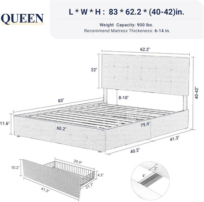 Upholstered Queen Size Platform Bed Frame with 4 Storage Drawers and Headboard, Square Stitched Button Tufted, Mattress Foundation with Wooden Slats Support, No Box Spring Needed, Light Grey