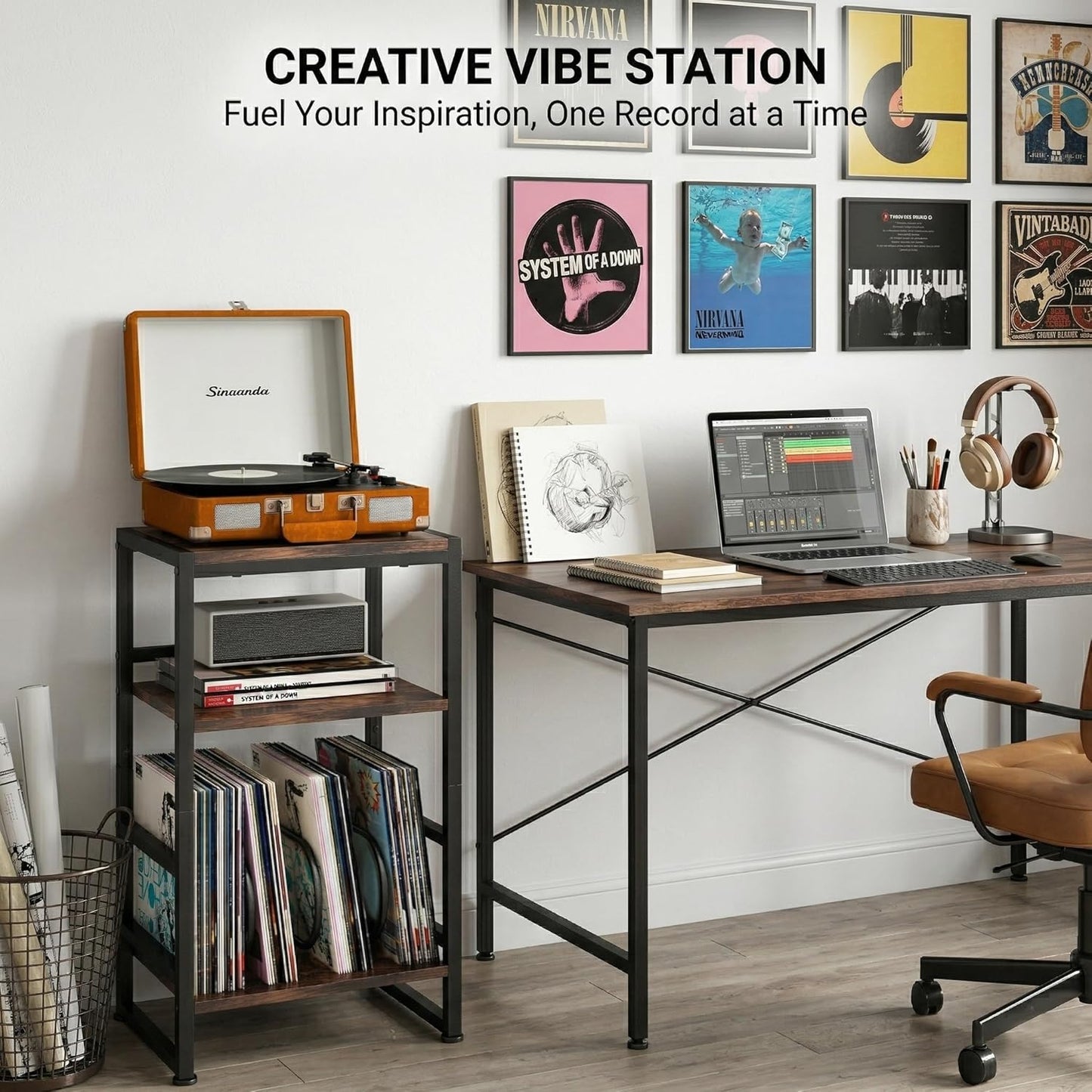 Record Player Stand,3-Tier Record Player Table with U-Shaped Vinyl Storage up to 120 Albums,28" H End Table Turntable Stand with Storage,Record Table Vinyl for Living Room Bedroom