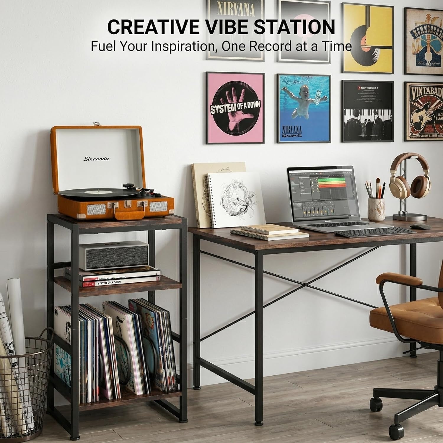 Record Player Stand,3-Tier Record Player Table with U-Shaped Vinyl Storage up to 120 Albums,28" H End Table Turntable Stand with Storage,Record Table Vinyl for Living Room Bedroom
