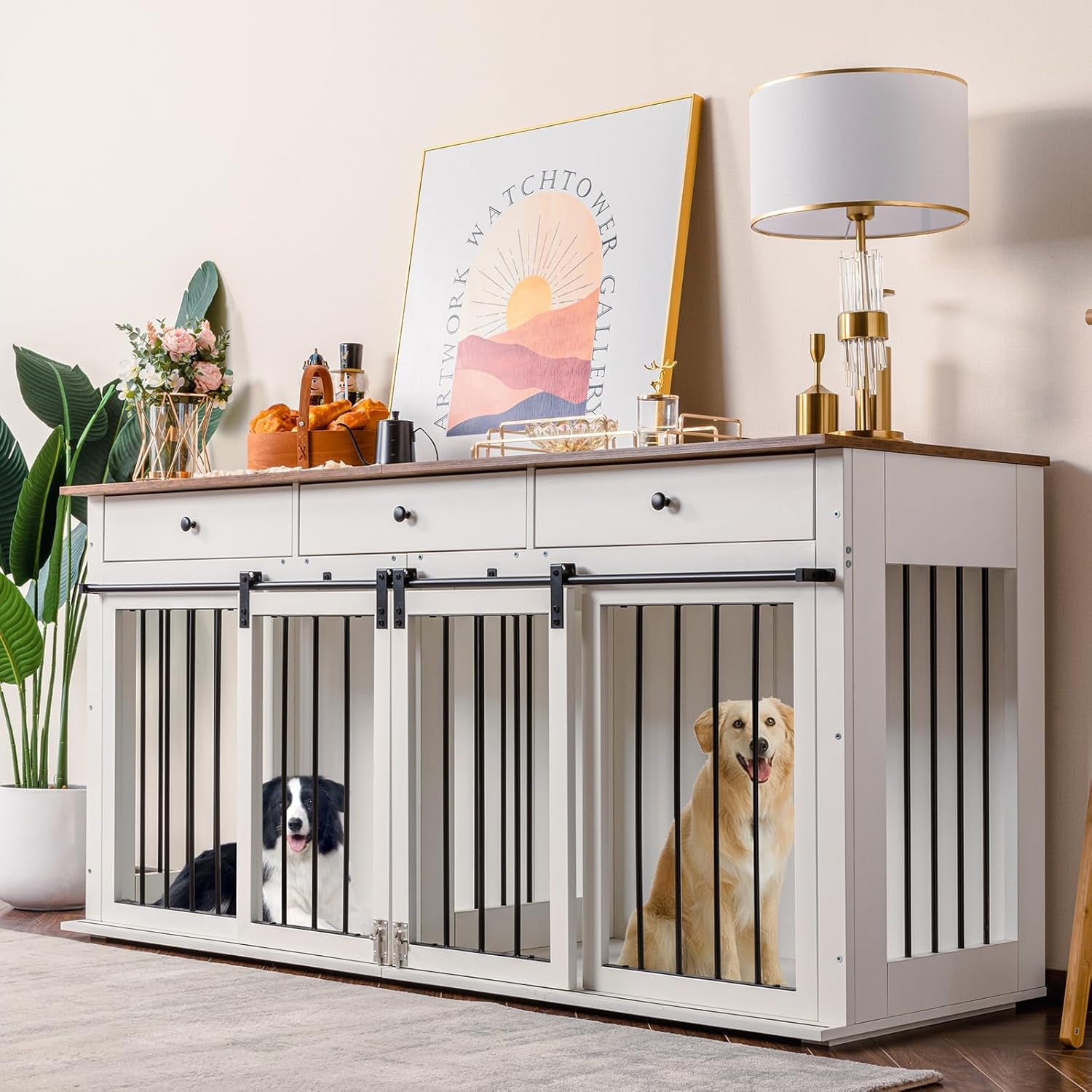 Dog Crate Furniture Large Breed Wooden Dog Kennel with Room Divider & 3 Drawer,Double Doors Heavy Duty Dog Crate End Table Indoor TV Stand for Small Medium Large Dog Black,72''W*24''D*35''H