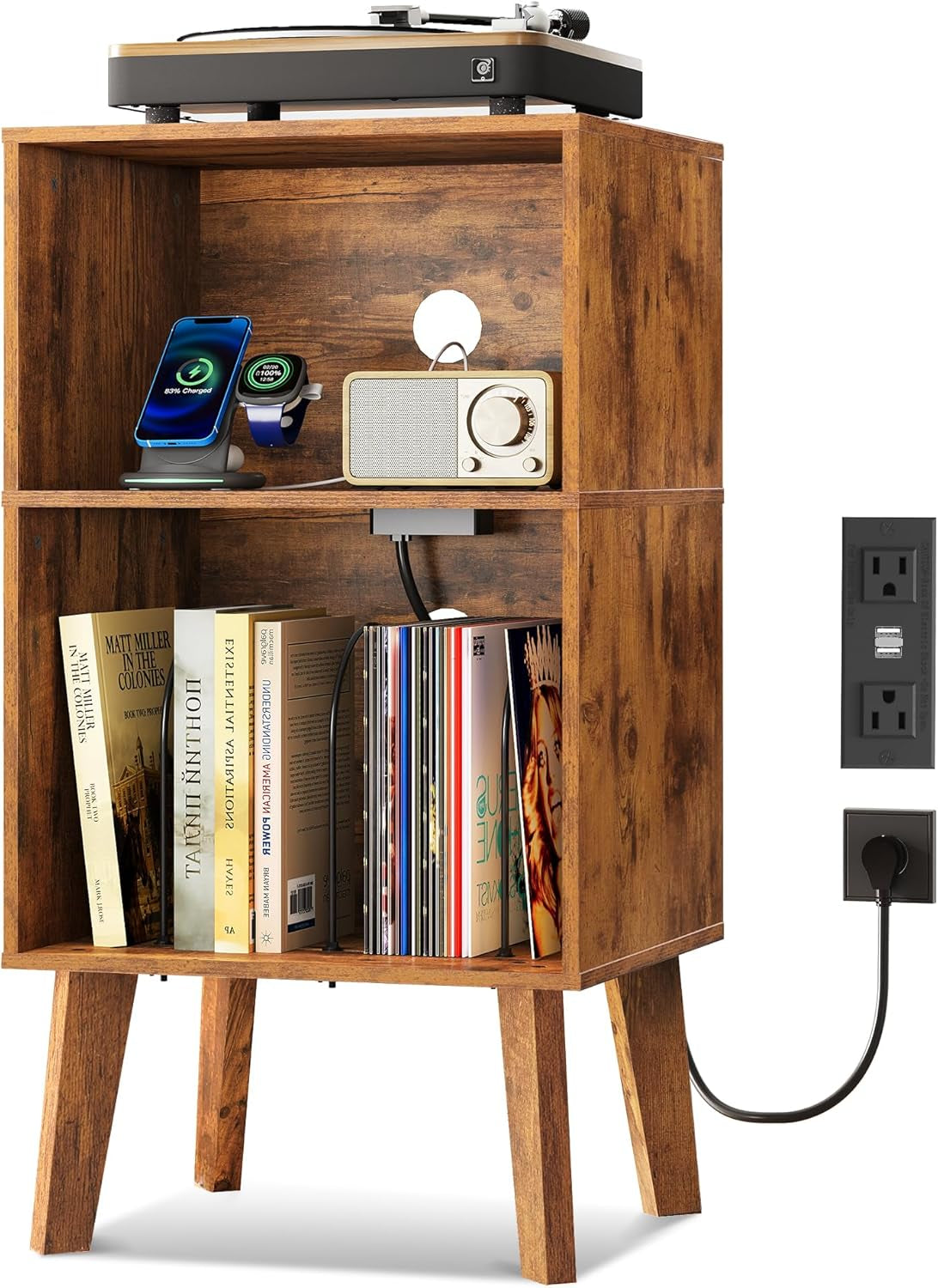 Record Player Stand, Modern Nightstand with Storage, Small Space Bedside Table, End Table for Bedroom & Living Room, Mid Century Night Stand, Rustic Brown
