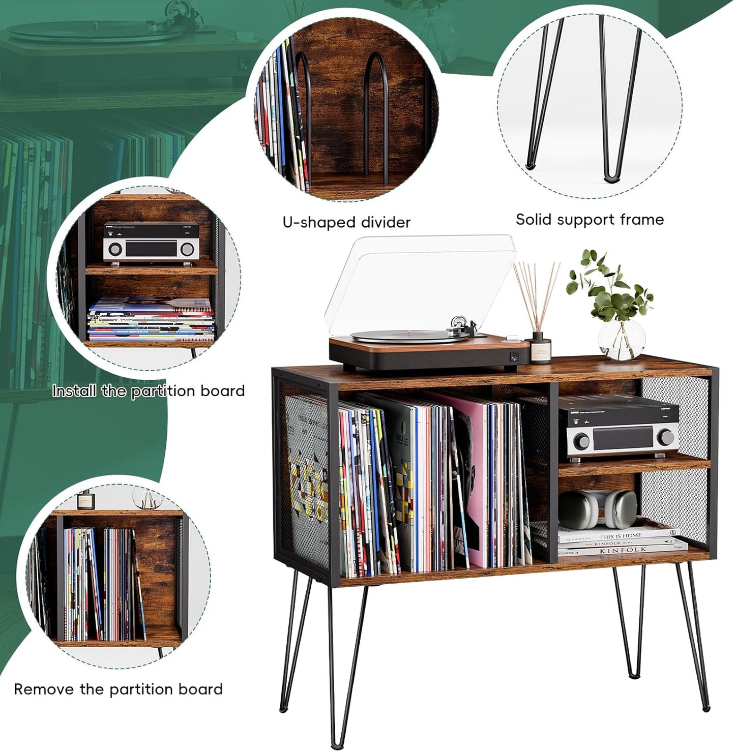 Record Player Stand, Record Player Table with Vinyl Storage Holds up to 230 Albums Storage Cabinet Turntable Stand Album Shelf and Holder
