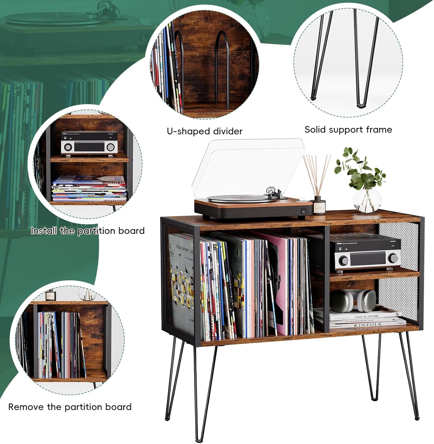 Record Player Stand, Record Player Table with Vinyl Storage Holds up to 230 Albums Storage Cabinet Turntable Stand Album Shelf and Holder