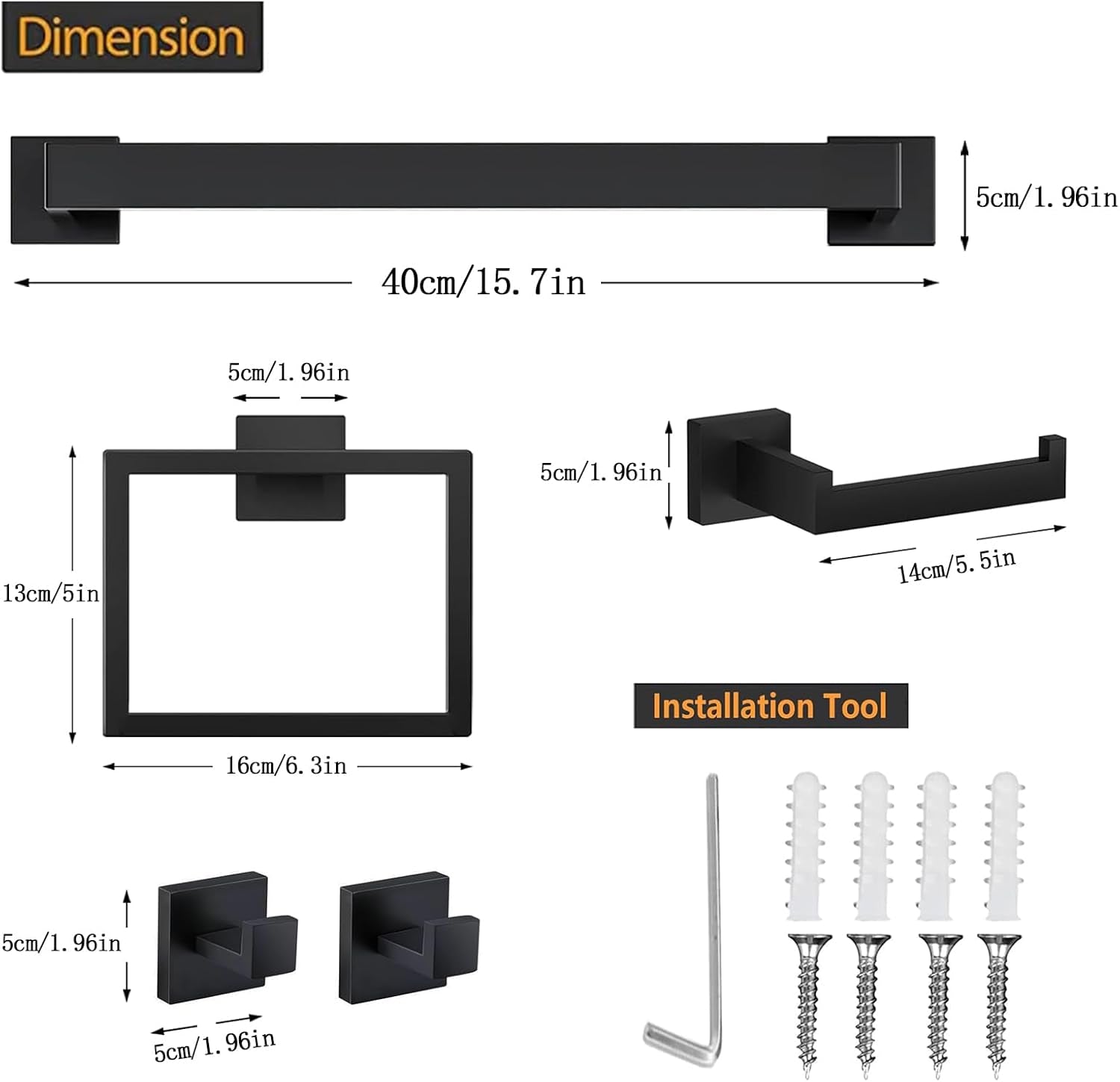 5 Piece Bathroom Towel Bar Set - SUS304 Stainless Steel Bath Towel Holder, 15.7 Inch Towel Racks for Bathroom Wall Mounted, Bathroom Hardware Accessories Set - Matte Black