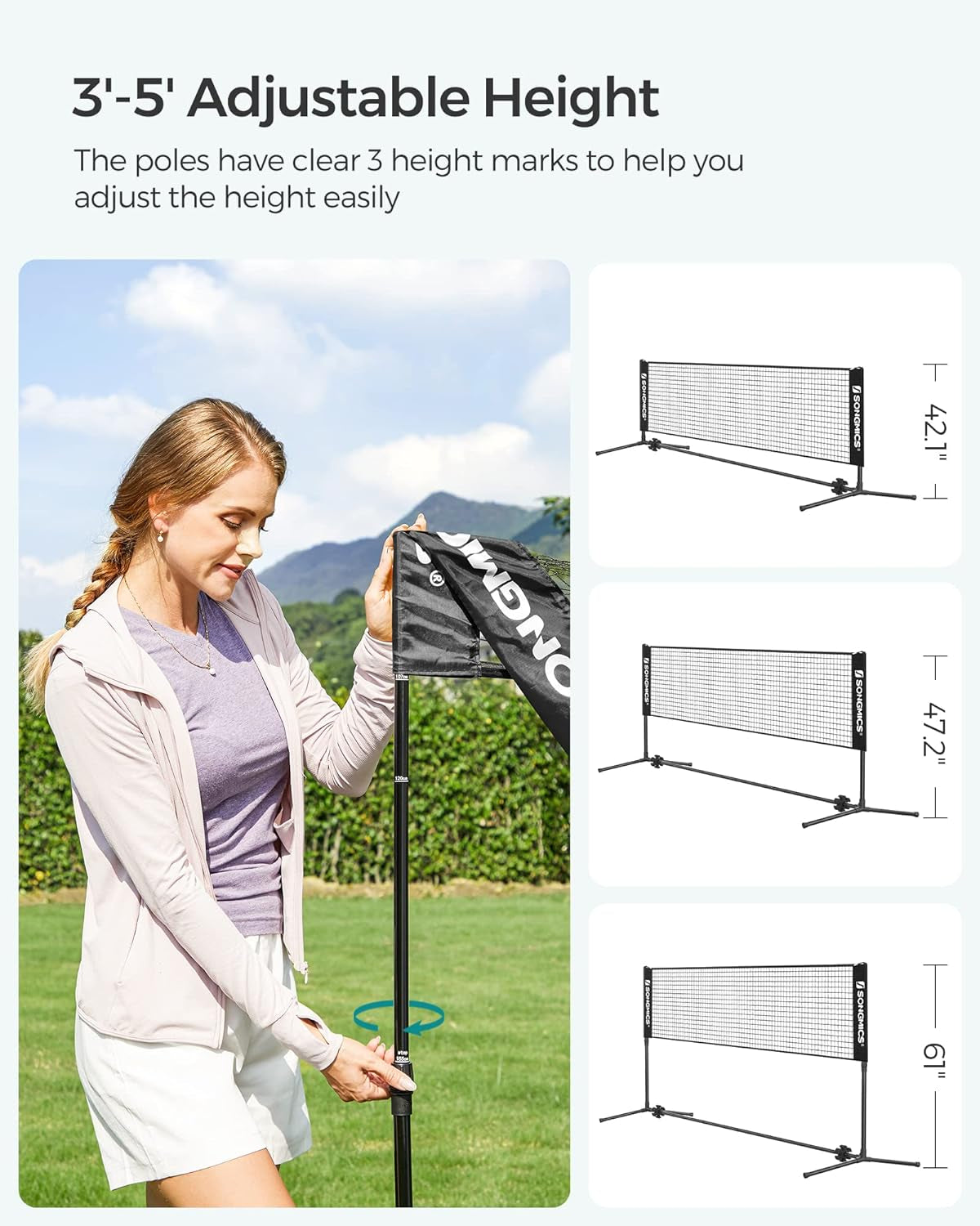 Badminton Net, Height Adjustable Volleyball Net, Pickleball Net for Junior Tennis, Kids, Indoor Outdoor Court, Foldable Nylon Net with Poles 10Ft/13Ft/16.5Ft Wide