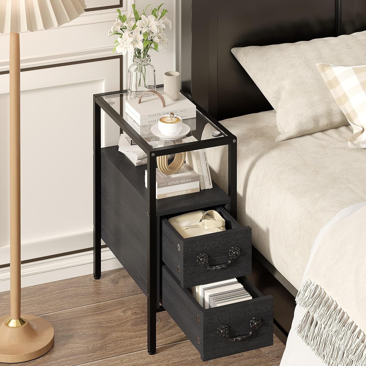 Narrow Side Table, Night Stand Sofa Table with Glass Top,Bedside End Tables with Storage Drawers,Wood Nightstand for Small Spaces Living Room Bedroom,Black