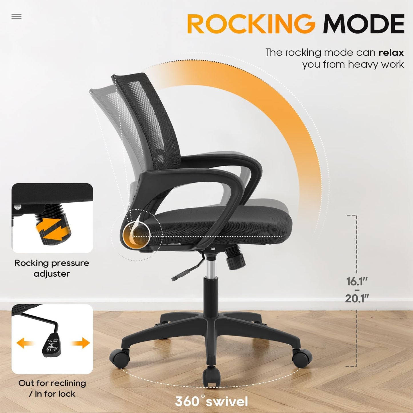 | Ergonomic Office Chair | Mid-Back Swivel Desk Chair | Breathable Backrest & Lumbar Support | Adjustable Height | Sponge Seat | Rolling Wheels | Dark Black | for Adults & Women