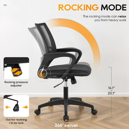| Ergonomic Office Chair | Mid-Back Swivel Desk Chair | Breathable Backrest & Lumbar Support | Adjustable Height | Sponge Seat | Rolling Wheels | Dark Black | for Adults & Women