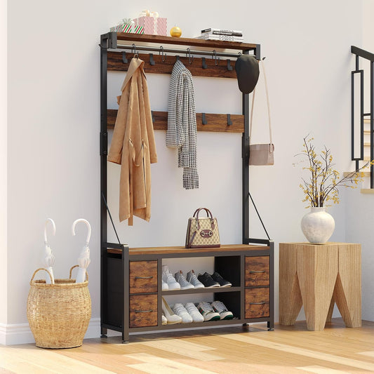 39" Hall Tree with Storage Coat Rack Freestanding Entryway Furniture Bench, 5 in 1 Design Front Door Shoe Rack and Wall Rack Hooks, and 4 Drawers (Rustic Brown)