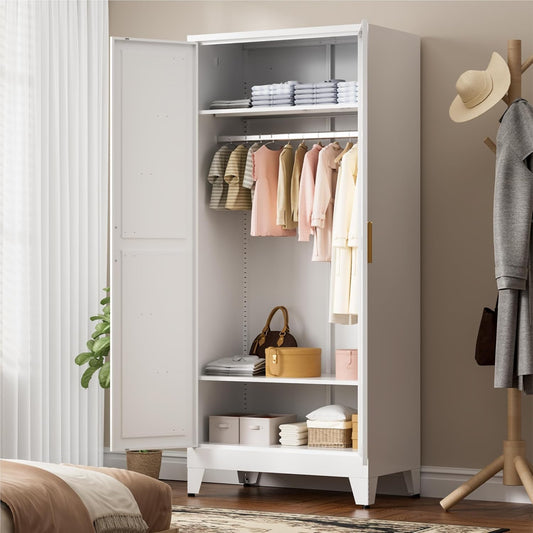 71" Tall Metal Wardrobe Closet with Adjustable Shelves and Hanging Rod, 2 Doors Free Standing Armoire Wardrobe Cabinet for Bedroom, Office, Laundry Room, White