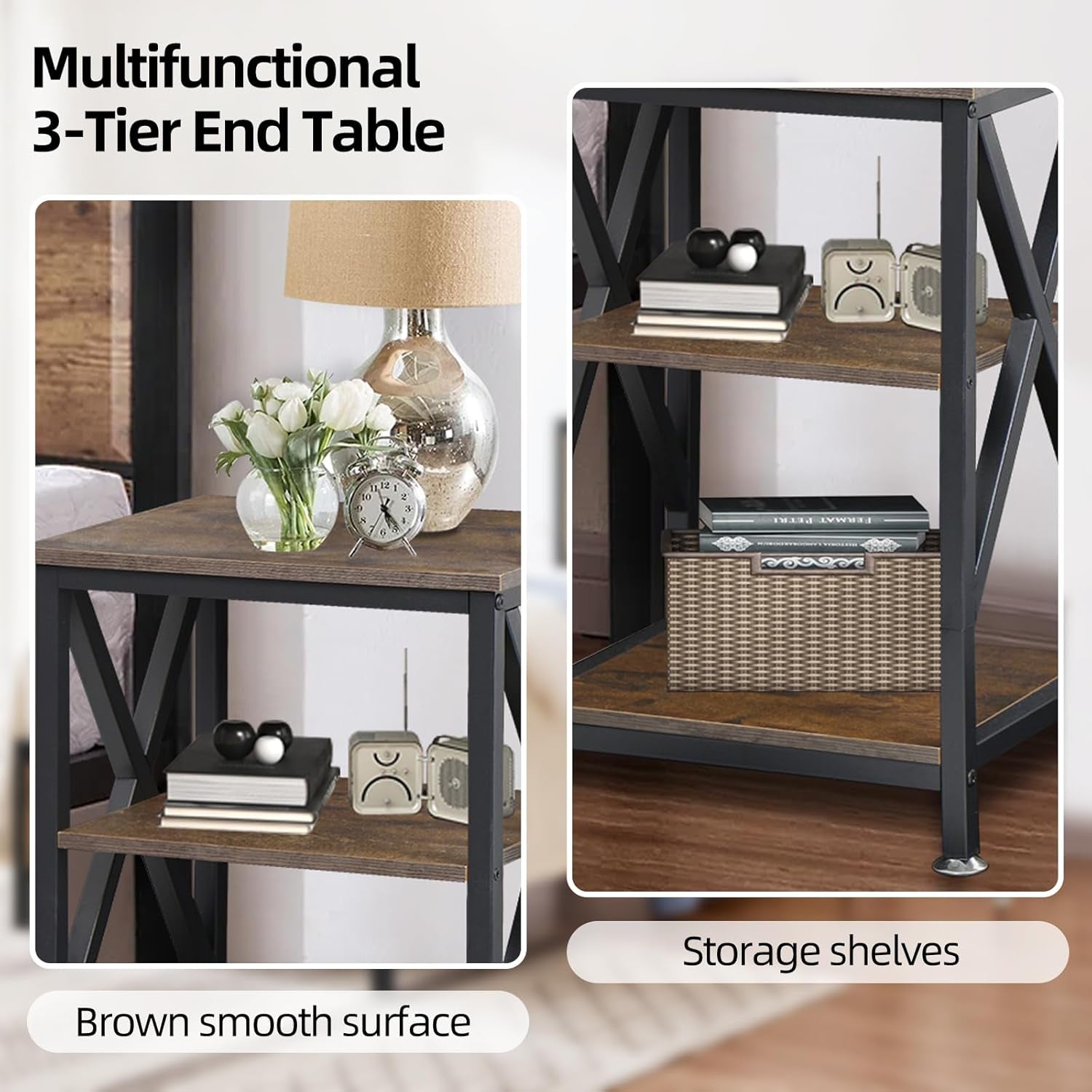 End Tables with Storage Shelf, 12" Deep X 16" Wide X 24" High, Small Side Table 3-Tier, End Tables Living Room Farmhouse, X-Shaped Night Stands for Bedrooms Bedside Tables, End Table Wood and Metal
