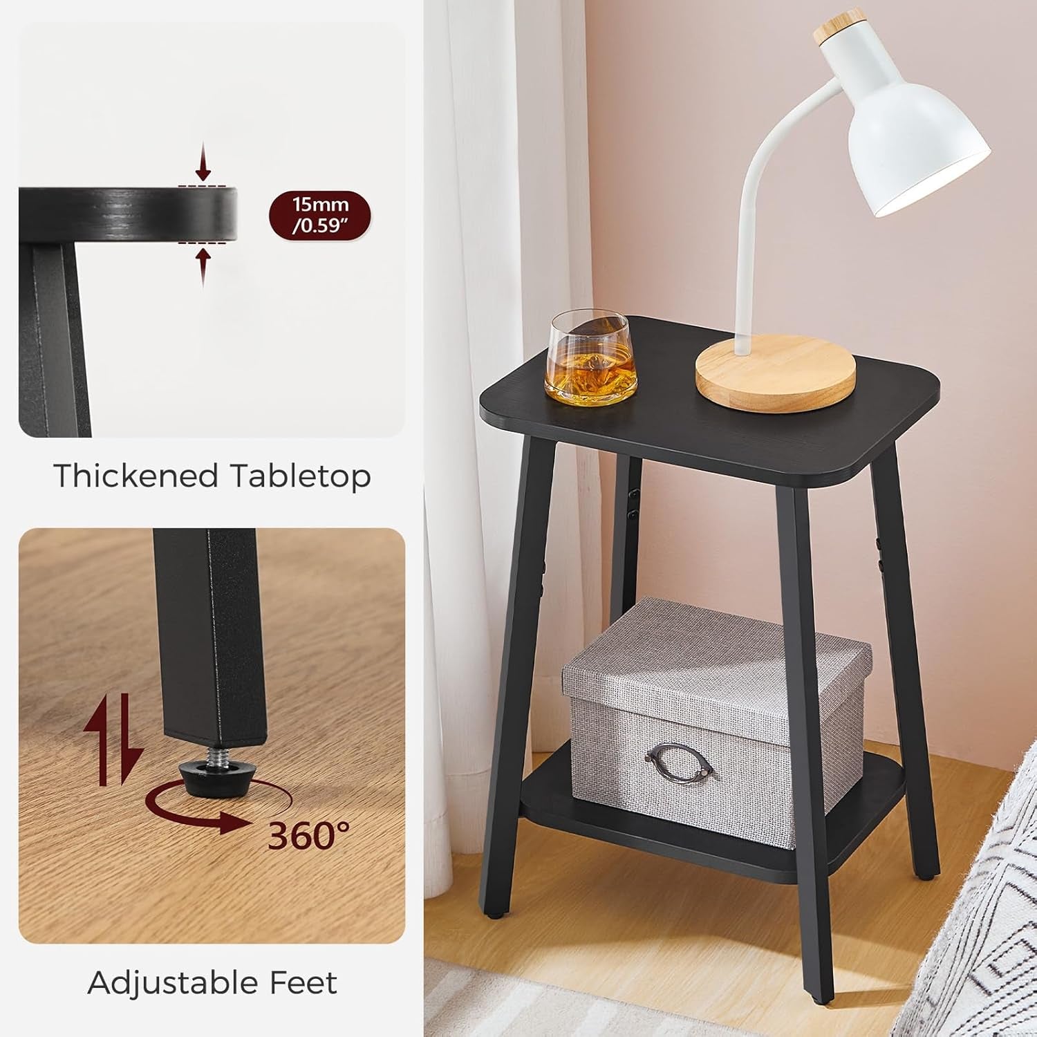 Side Table, Small Rectangular End Table with Storage Shelf, 2-Tier Bedside Table Sofa Couch Table, Nightstand for Small Spaces, Living Room, Bedroom, Black ETBK4701