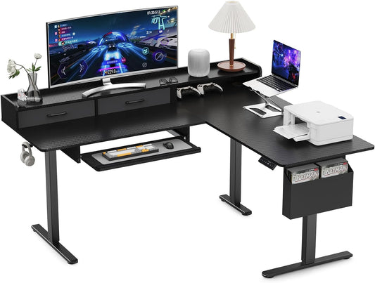 63 Inches Height Adjustable L Shaped Standing Desk with 2 Drawers and Keyboard Tray, Electric Sit to Stand Home Office Comupter Table, Ergonomic Corner Gaming Desk, Black