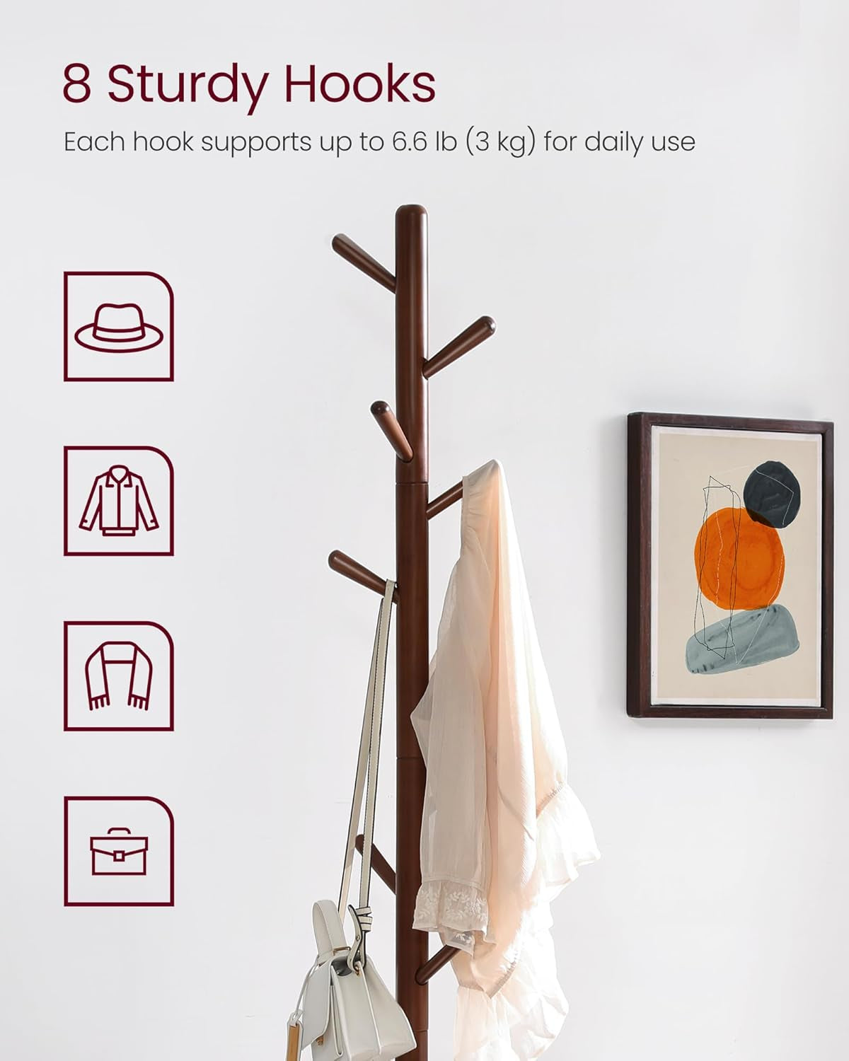 Solid Wood Coat Rack, Free Standing Hall Coat Tree with 8 Hooks, 3 Height Options, for Coats, Hats, Bags, Purses, for Entryway, Hallway, Rubberwood Hooks and Pole, Dark Walnut URCR010W01