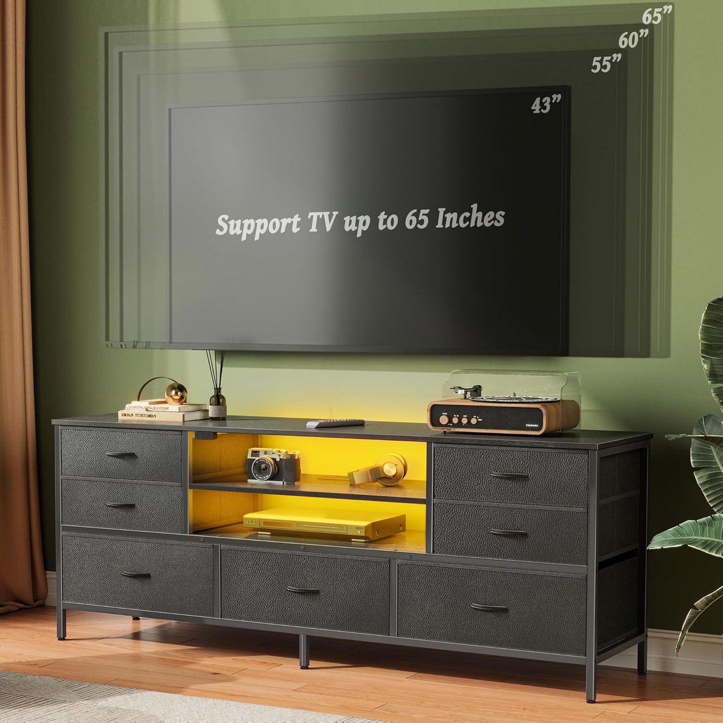 Dresser for Bedroom with Power Outlets and LED Lights, 7 Drawers TV Stand for 60 Inch TV, Console with Open Shelf, 55 Inches Wide Black, PU Leather