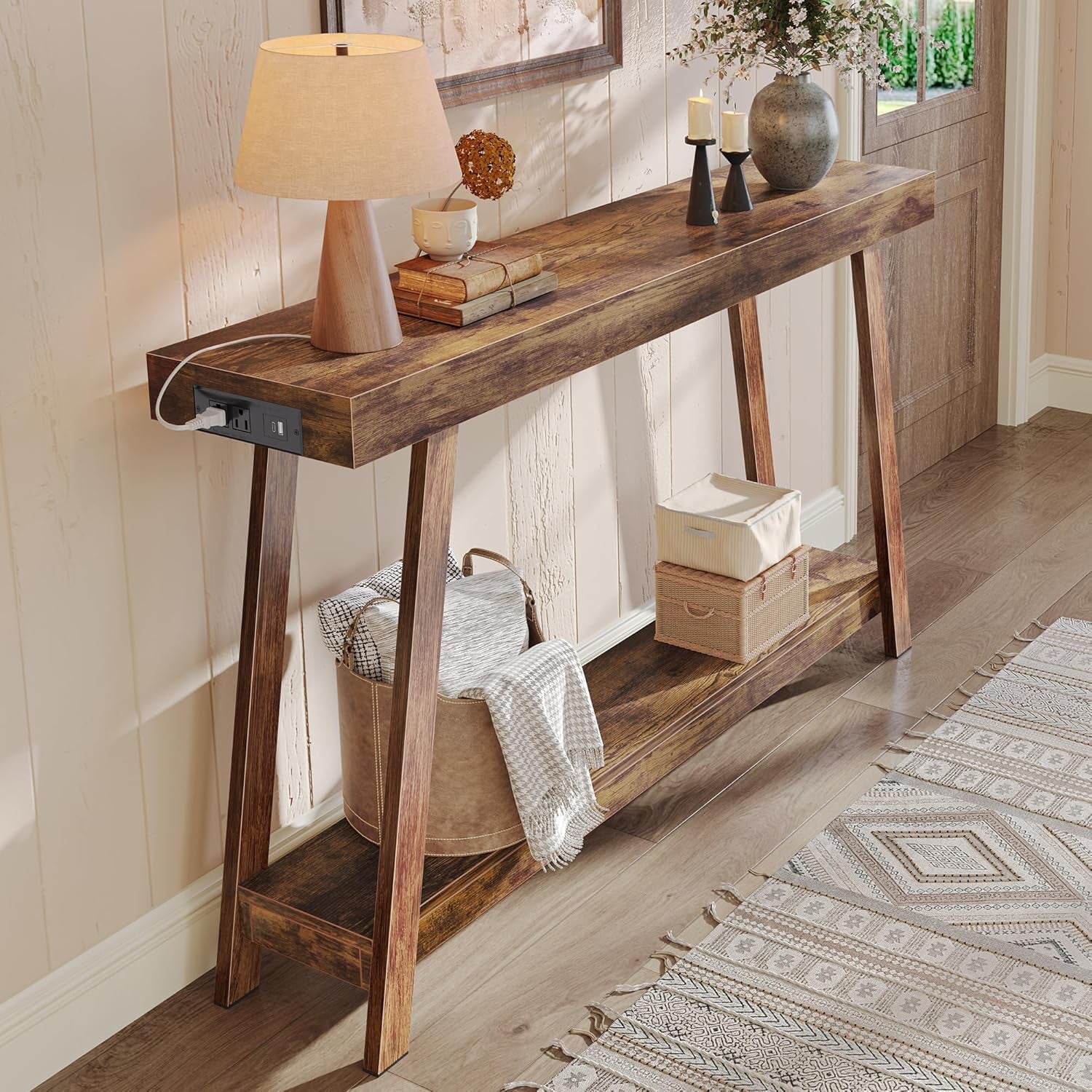 Console Table with Charging Station, USB-C Port, 2 Tiers Entryway Table, 53.9 Inch Sofa Table with Metal Legs, Entry Hallway Table with Thicker Desktop, Modern behind Couch Table, Rustic Brown