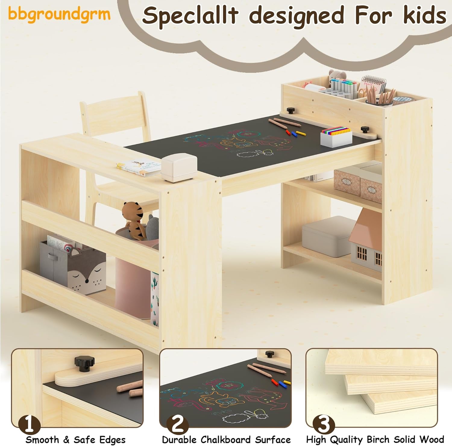 Kids Art Table and 1 Chairs Set, Kids Craft Table with Storage,Wooden Set for Toddlers, Activity Desk for Children Painting, Reading, Learning