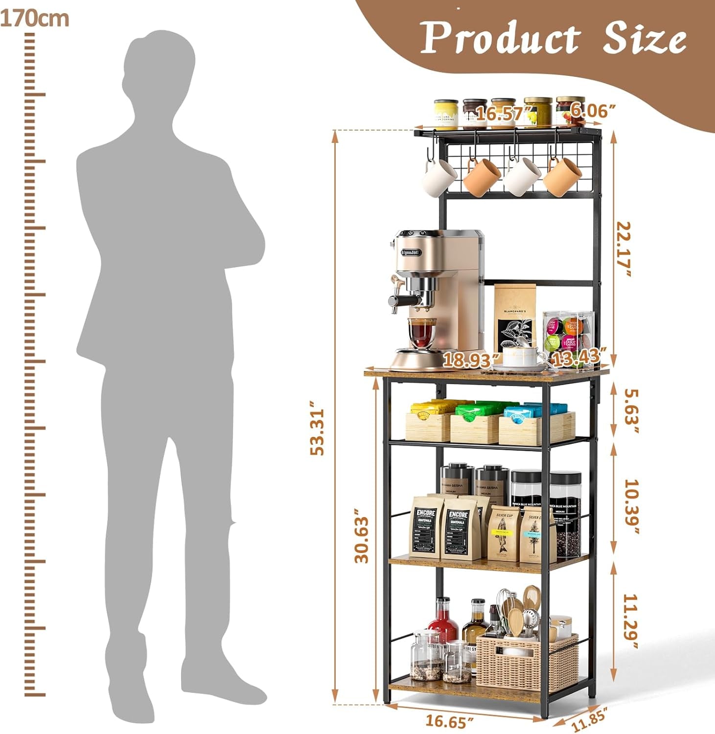 5 Tier Coffee Bar Station, Kitchen Stand with 4 S-Shaped Hooks, Farmhouse Corner Coffee Bar Cabinet for Small Spaces, Bakers Rack for Kitchen, Entryway, Living Room, 13.43"D X 18.93"W X 53.31"H