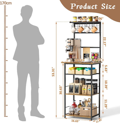 5 Tier Coffee Bar Station, Kitchen Stand with 4 S-Shaped Hooks, Farmhouse Corner Coffee Bar Cabinet for Small Spaces, Bakers Rack for Kitchen, Entryway, Living Room, 13.43"D X 18.93"W X 53.31"H
