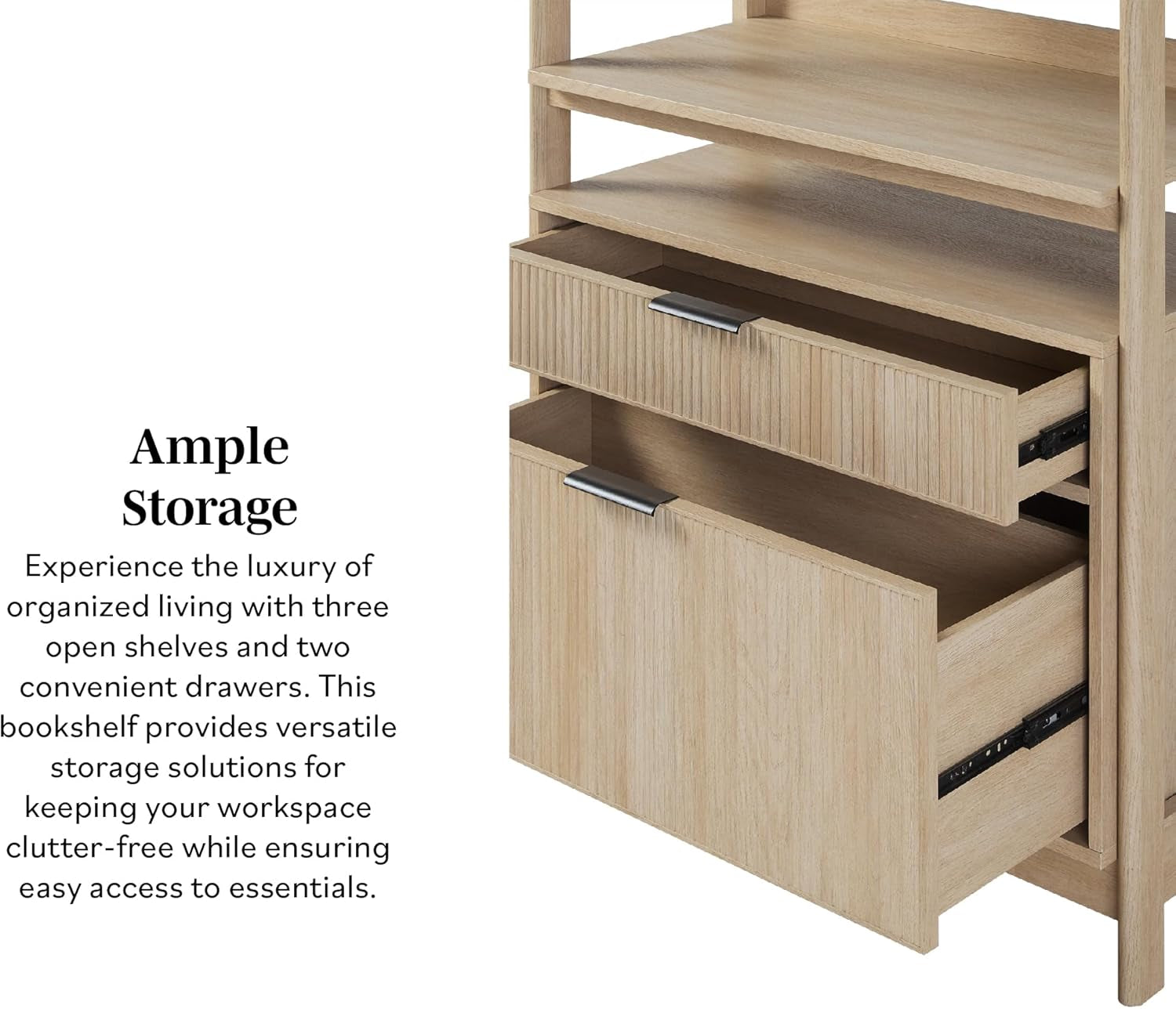 Transitional Open Reeded 4-Shelf Bookshelf with Drawers on Bottom, Versatile Bookcase with Bottom Storage for Home Office, Living Room, Bedroom, 33”W X 16.75”D X 70”H, Coastal Oak