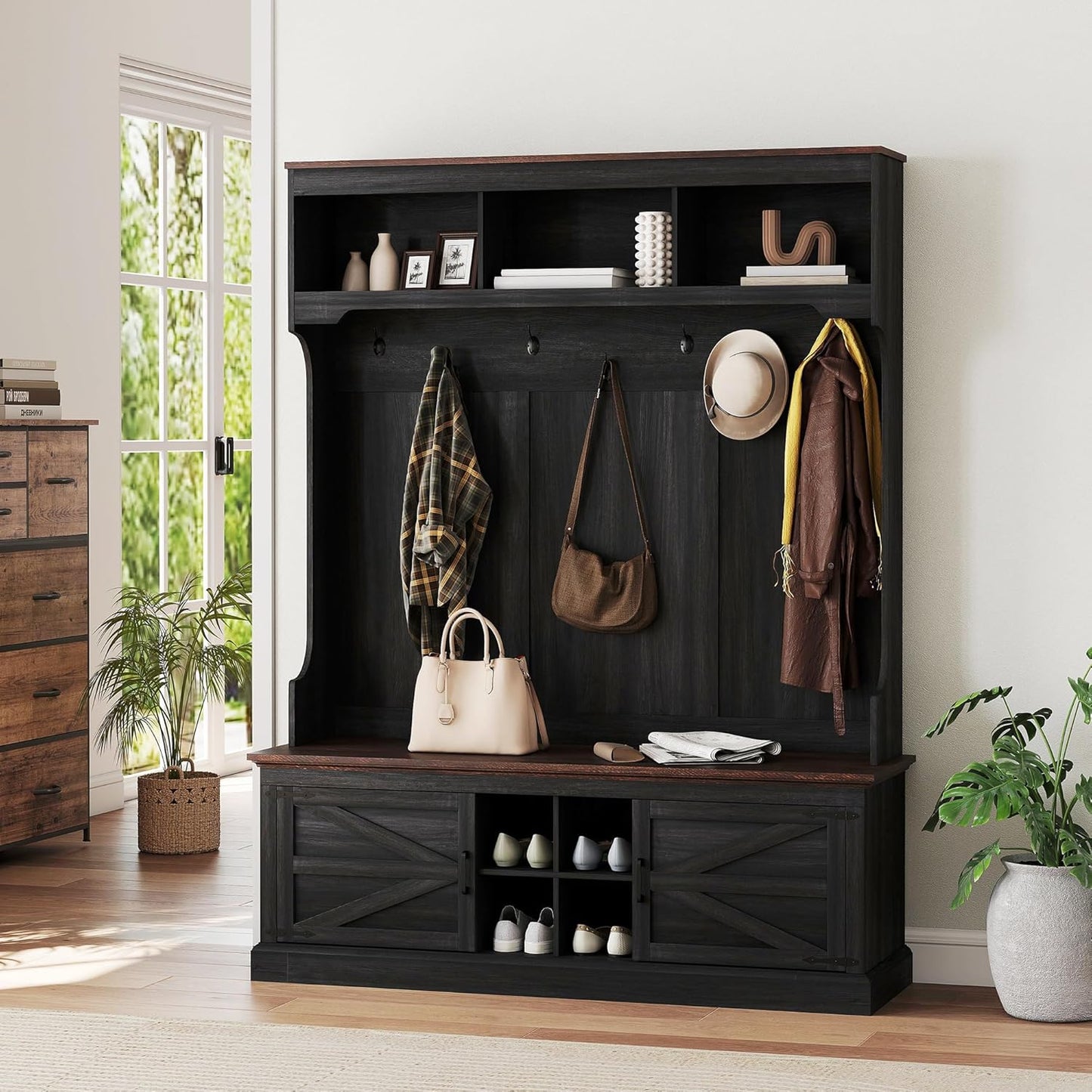 3-In-1 Hall Tree with Storage, Farmhouse Coat Rack with Bench, Standing Shoe Rack with Seven Hooks for Entryway, Black Wood Grain