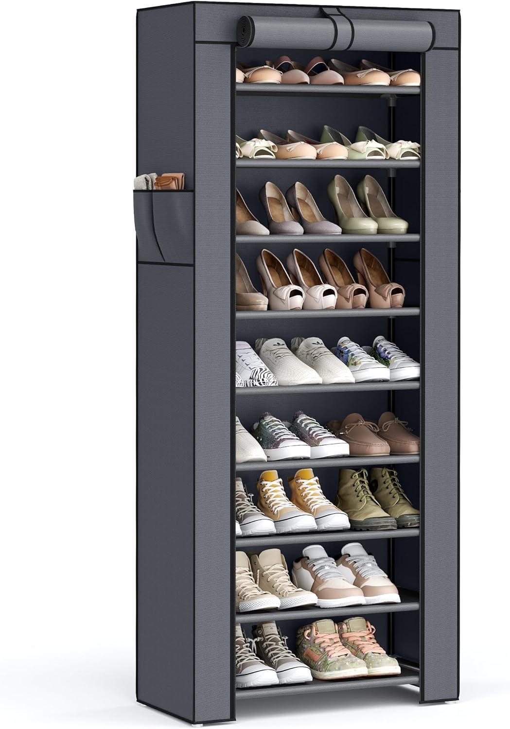Shoe Rack with Non-Woven Fabric Cover, 9 Tier Storage Shelf for 40-50 Pairs of Shoes, Entryway, Suitable for Sneakers, High Heels, Flats, and Boots, Black URXJ36HV1