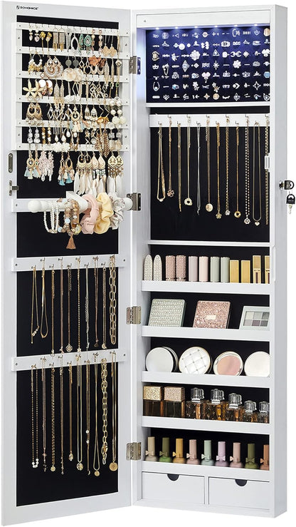 6 Leds Mirror Jewelry Cabinet, 47.2-Inch Tall Lockable Wall or Door Mounted Jewelry Armoire Organizer with Mirror, 2 Drawers, 3.9 X 14.6 X 47.2 Inches, White UJJC93W