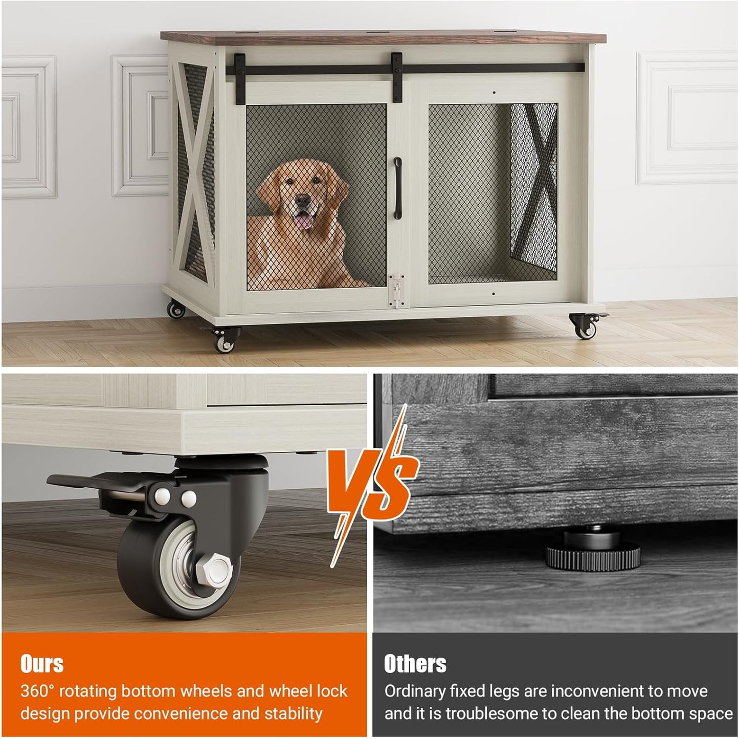 37" Dog Crate Furniture, Side End Table, Farmhouse Dog Crate with Sliding Barn Door, Flip Top Wooden Dog Kennel with Wheels and Movable Divider, Indoor Dog Cage House for Medium Dogs