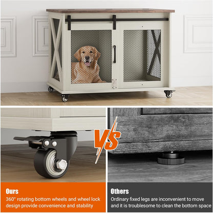37" Dog Crate Furniture, Side End Table, Farmhouse Dog Crate with Sliding Barn Door, Flip Top Wooden Dog Kennel with Wheels and Movable Divider, Indoor Dog Cage House for Medium Dogs
