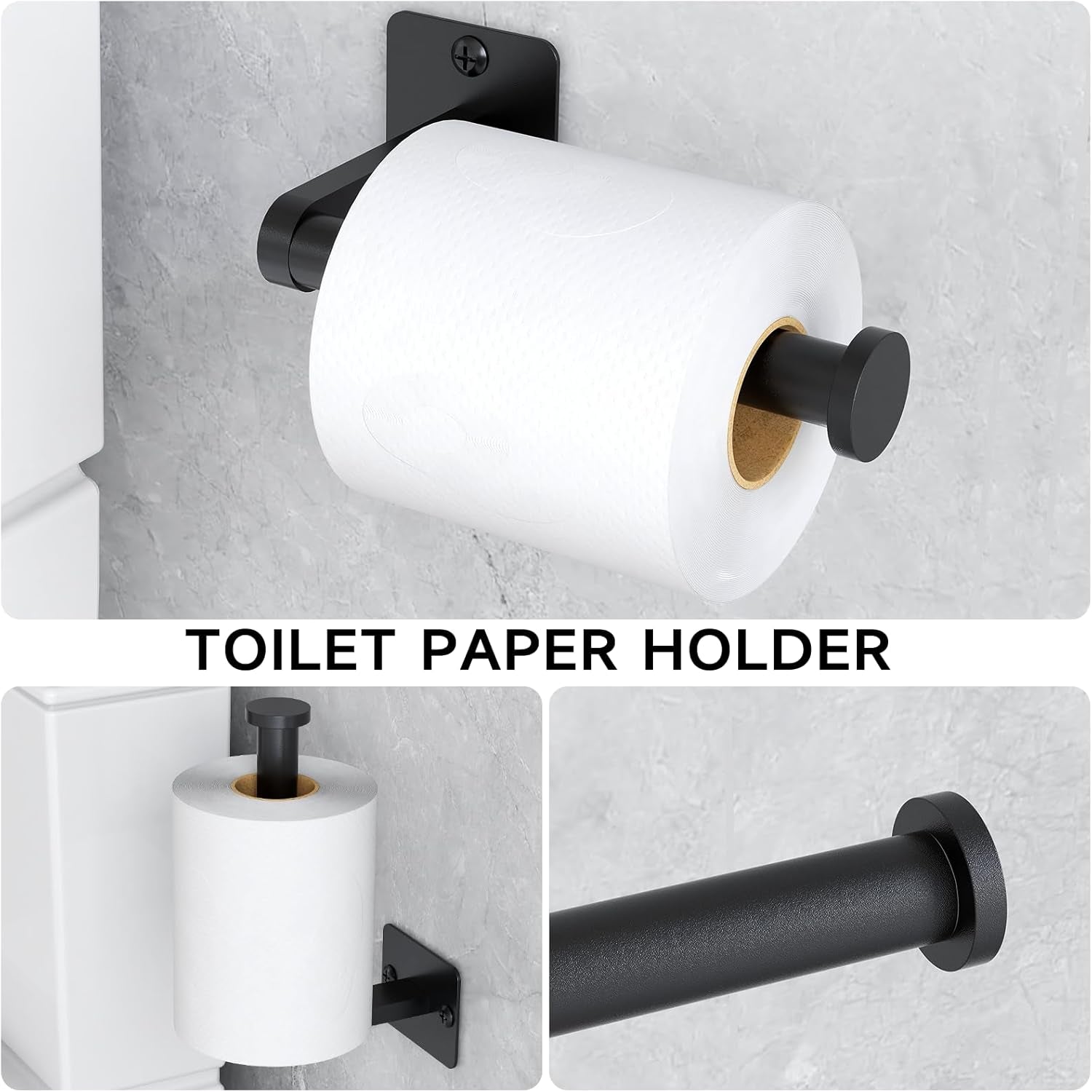 Matte Black Bathroom Accessories Set,  4 Pieces Bathroom Hardware Set, 24 Inch Towel Bar, Towel Racks for Bathroom, Robe Towel Hooks, Toilet Paper Holder Wall Mounted