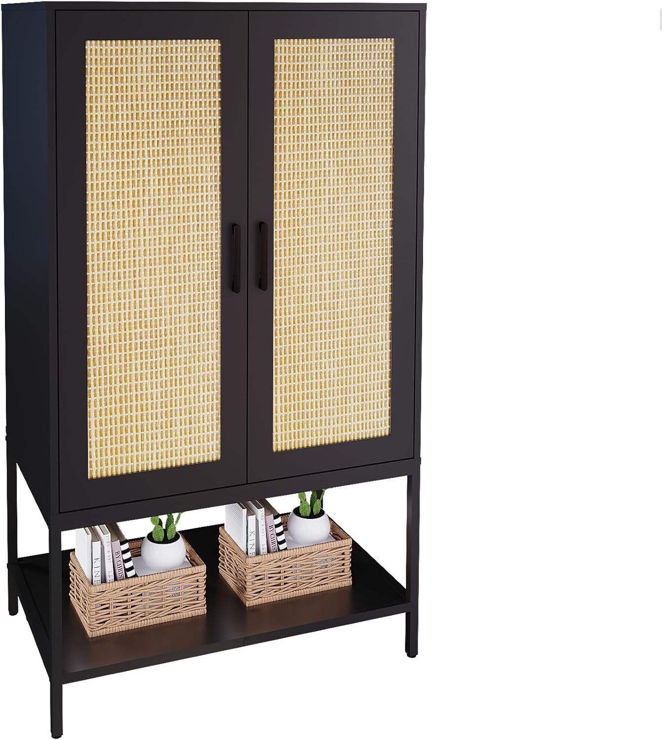 Wardrobe Closet,Rattan Bedroom Armoires with 2 Doors,Wooden Wardrobe Cabinet with Shelves and Hanging Rod for Clothes,Black