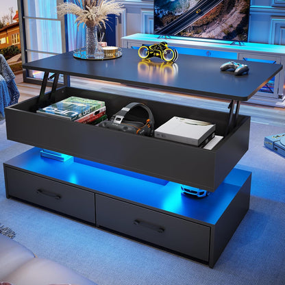40" Lift Top Coffee Table, Coffee Tables with Storage for Living Room, Small Coffee Table with 2 Drawers & LED Light for Dining Reception Room, Black