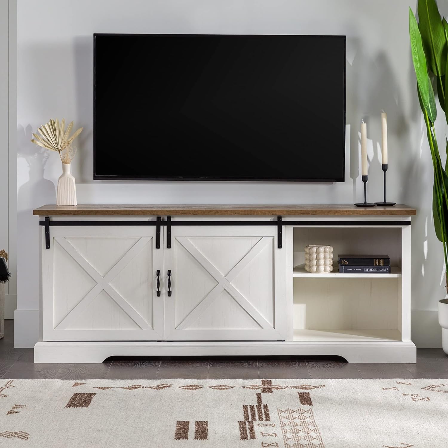 Corbin Modern Farmhouse Sliding X Barn Door TV Stand for Tvs up to 80 Inches, 70 Inch, Reclaimed Barnwood and Brushed White