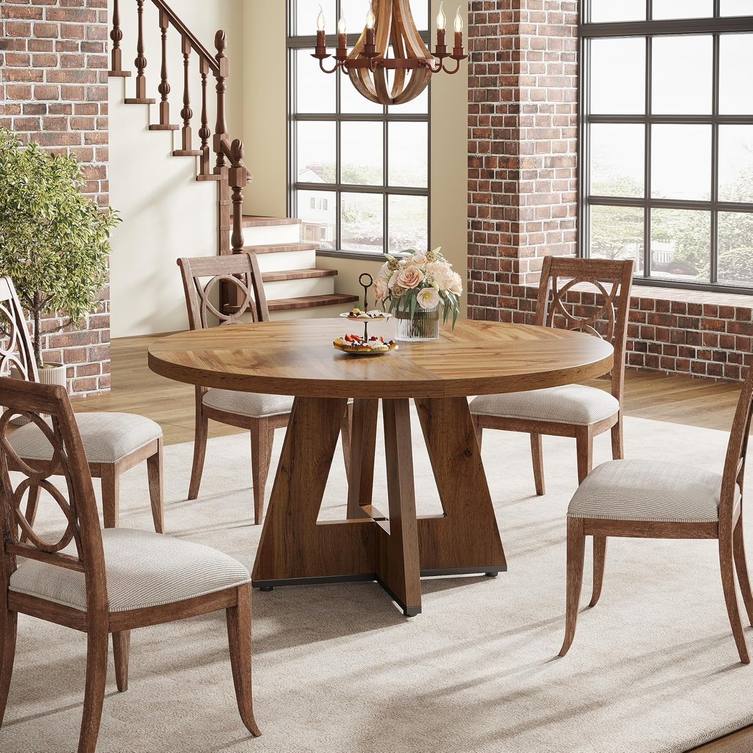 Farmhouse Dining Table, 47 Inch round Dinner Table for 4, Rustic round Dining Room Table for Home Dining Room Living Room (Wood)