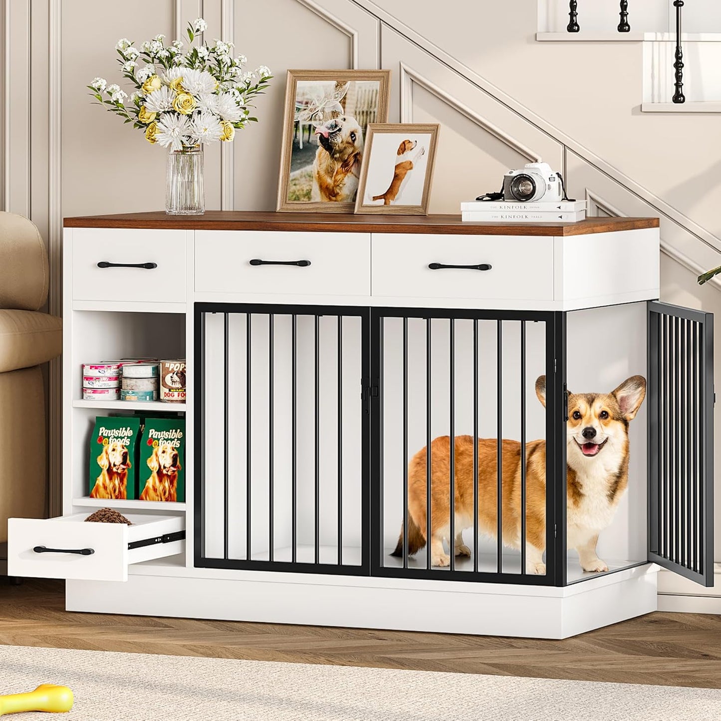 Large Dog Crate Furniture, 47.2'' Dog Kennel Indoor with 3 Storage Drawers and Hidden Feeding Bowl, Sturdy Wooden Dog Crate with 2 Doors and Adjustable Shelf for Small, Medium Dogs