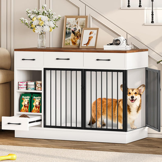 Large Dog Crate Furniture, 47.2'' Dog Kennel Indoor with 3 Storage Drawers and Hidden Feeding Bowl, Sturdy Wooden Dog Crate with 2 Doors and Adjustable Shelf for Small, Medium Dogs