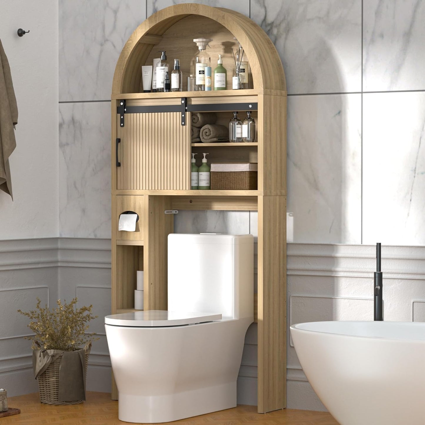 Over the Toilet Storage Cabinet, Bathroom Organizer over Toilet with Sliding Doors, Arched Storage Organizer Cabinet with Anti-Tip Device and Adjustable Shelf for Bathroom, Natural