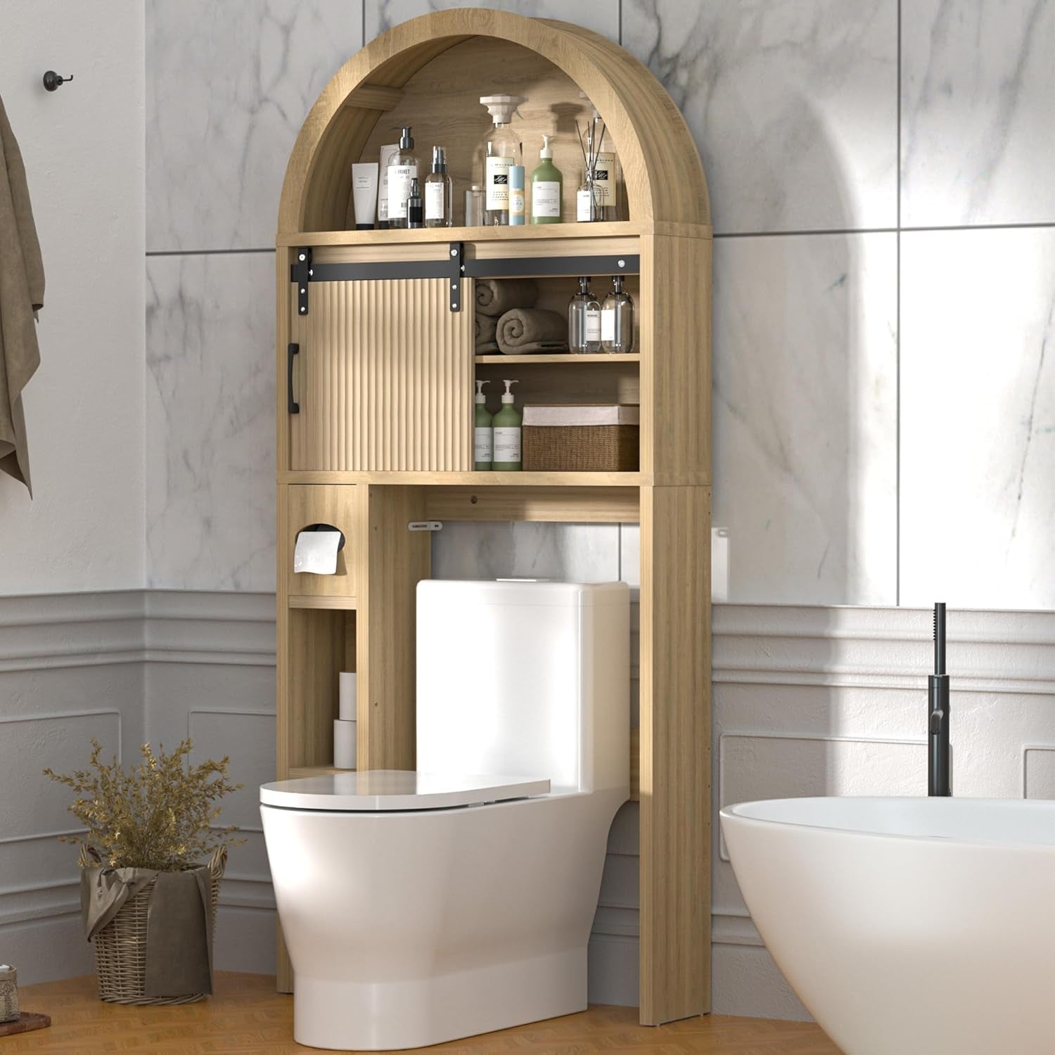 Over the Toilet Storage Cabinet, Bathroom Organizer over Toilet with Sliding Doors, Arched Storage Organizer Cabinet with Anti-Tip Device and Adjustable Shelf for Bathroom, Natural