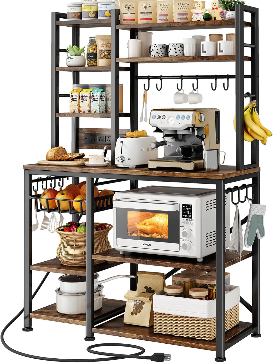 Baker Rack with Power Outlet - Microwave Stand with Storage, Large Coffee Bar Station with 14 Hooks, Metal Kitchen Shelf Rack for Spices, Pots (Rustic Brown) | with Power Outlet, with Storage, with 14 Hooks, for Spices, for Pots