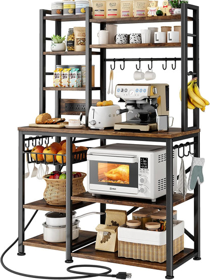 Baker Rack with Power Outlet - Microwave Stand with Storage, Large Coffee Bar Station with 14 Hooks, Metal Kitchen Shelf Rack for Spices, Pots (Rustic Brown) | with Power Outlet, with Storage, with 14 Hooks, for Spices, for Pots