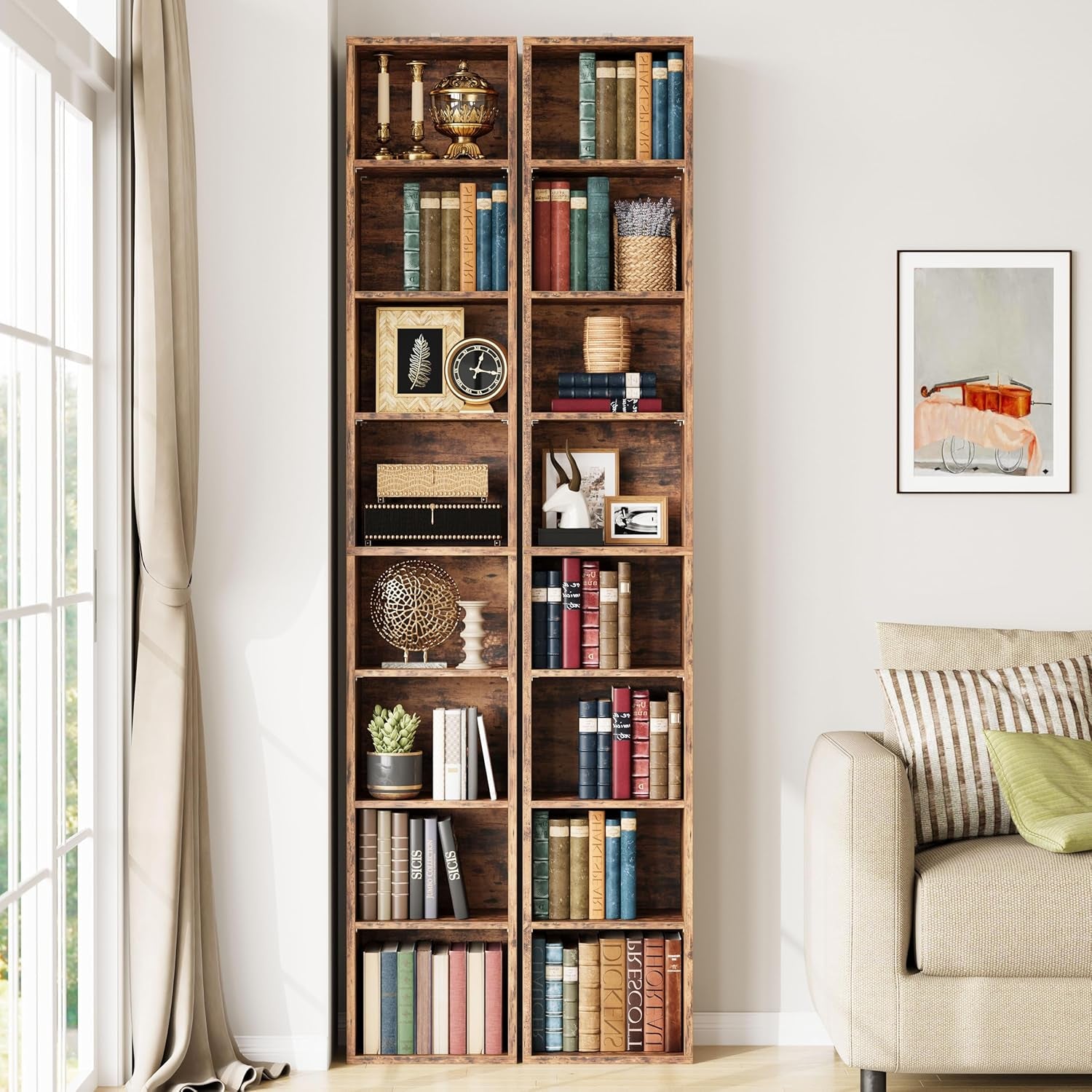Tall Narrow Bookshelf 8 Tiers 71In Set of 2, Compact Corner Bookcase, Easy to Match for Living Room, Office, Study, Bedroom