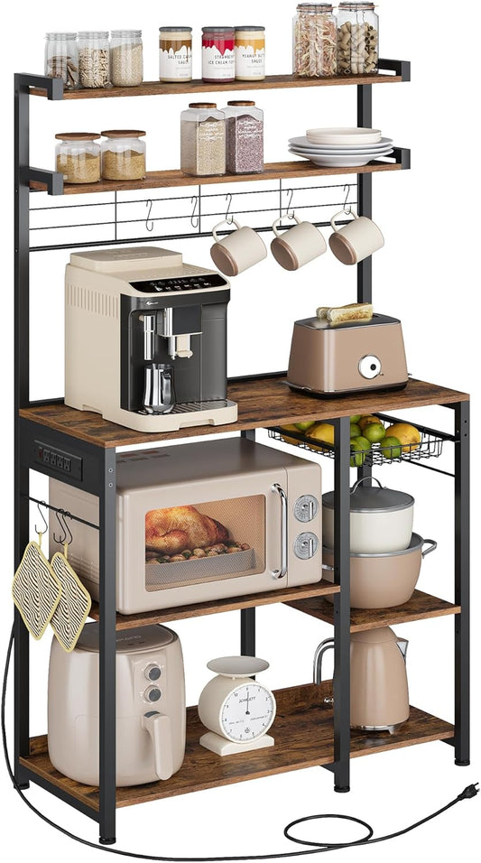 Bakers Rack with Power Outlet, 35.4 Inches Microwave Stand, Coffee Bar, 4 AC Outlets, with Adjustable Shelves, 8 S-Hooks, Basket, Spice Racks, Rustic Brown and Ink Black UKKS031K01