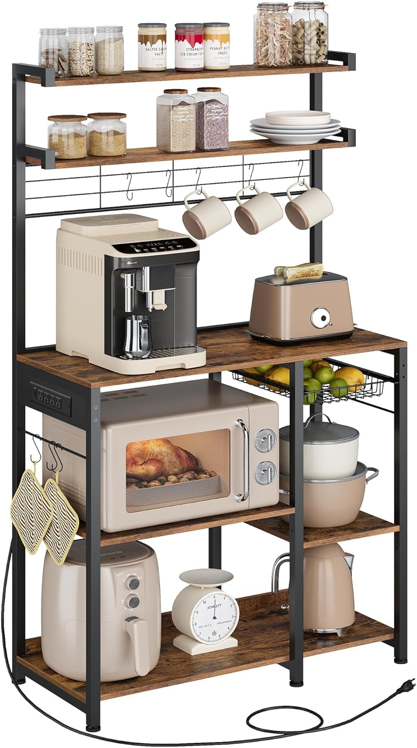 Bakers Rack with Power Outlet, 35.4 Inches Microwave Stand, Coffee Bar, 4 AC Outlets, with Adjustable Shelves, 8 S-Hooks, Basket, Spice Racks, Heather Greige and Ink Black UKKS031K02