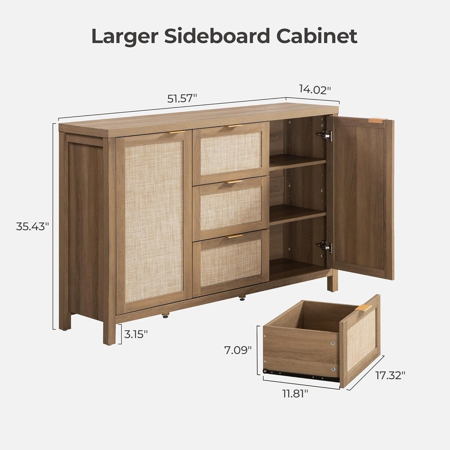 Rattan Sideboard Buffet Cabinet with Storage - 52" Larger Farmhouse Credenza Storage Coffee Bar Cabinet with 3 Drawers & 2 Doors, Boho Console Table for Living Room, Kitchen, Caramel Oak