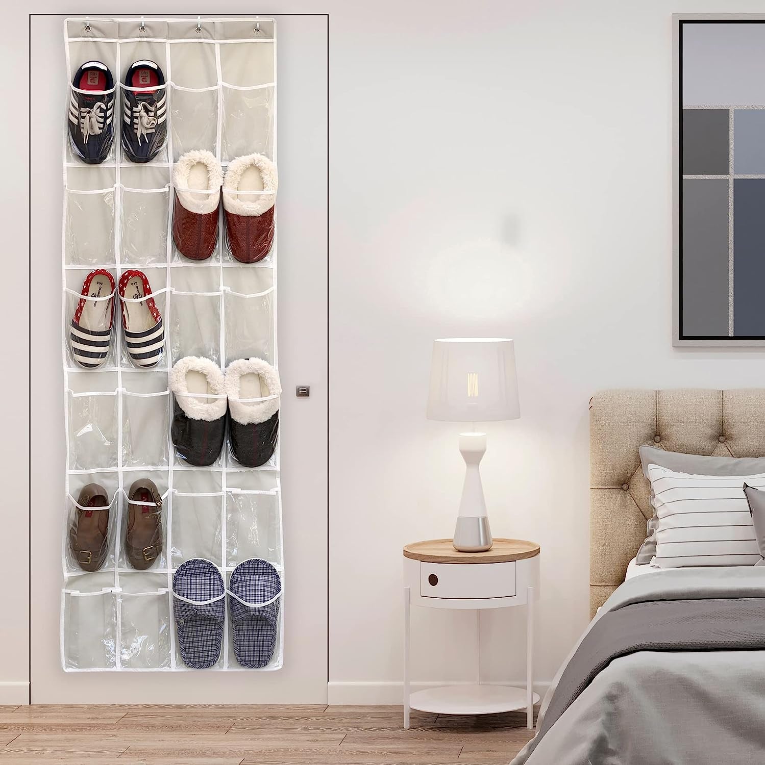 24 Pockets - Crystal Clear over the Door Hanging Shoe Organizer, Gray (64'' X 19'')